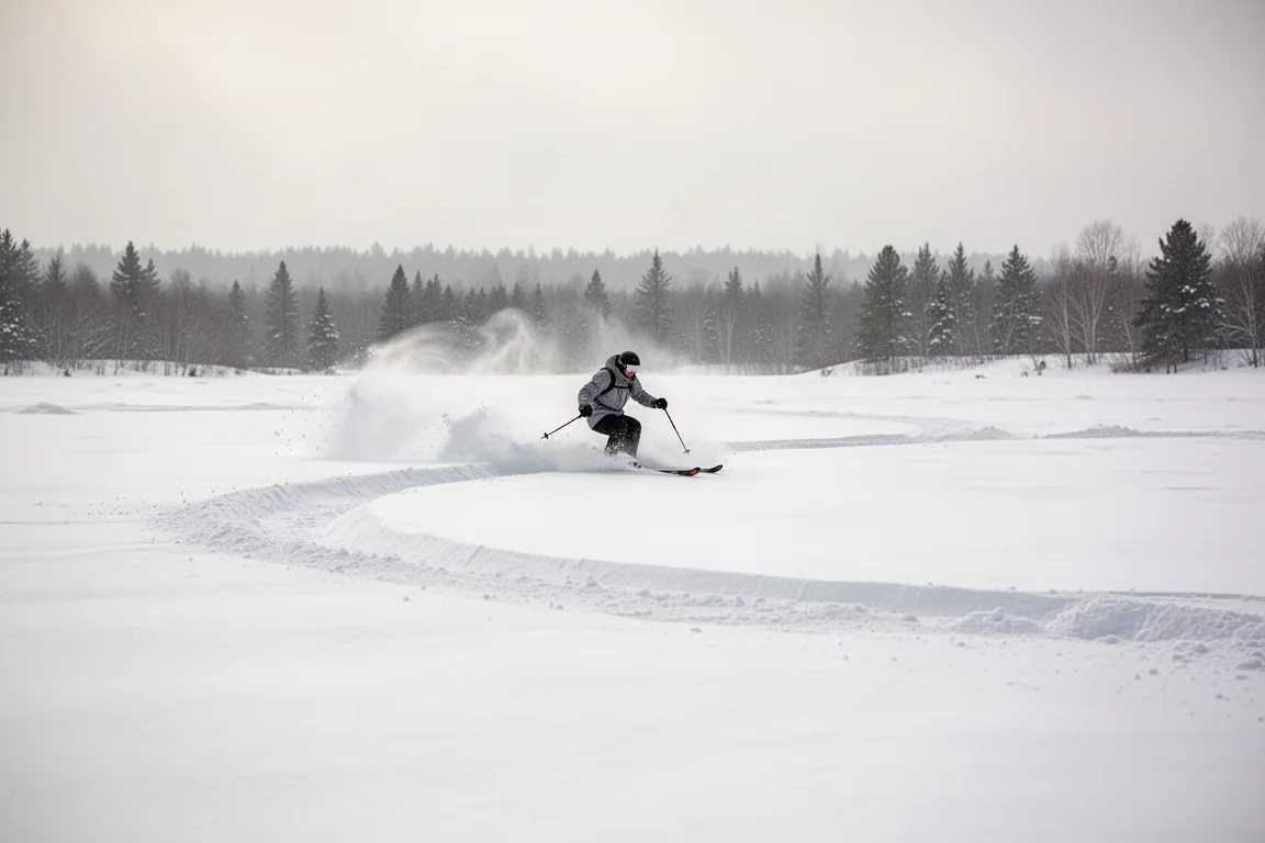 Skier carving a long turn on a wide open snowfield with soft light