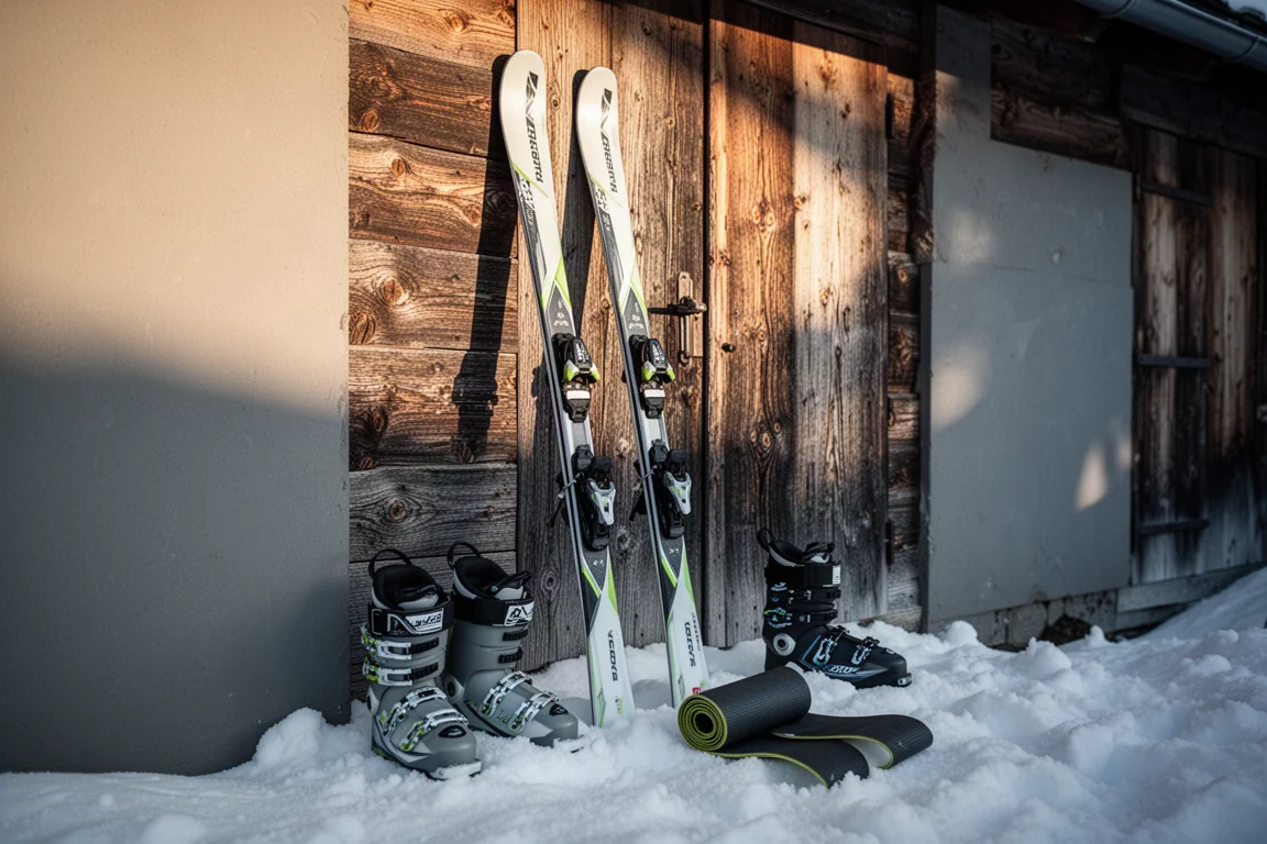 Two touring skis leaning against a wooden hut wall with boots nearby