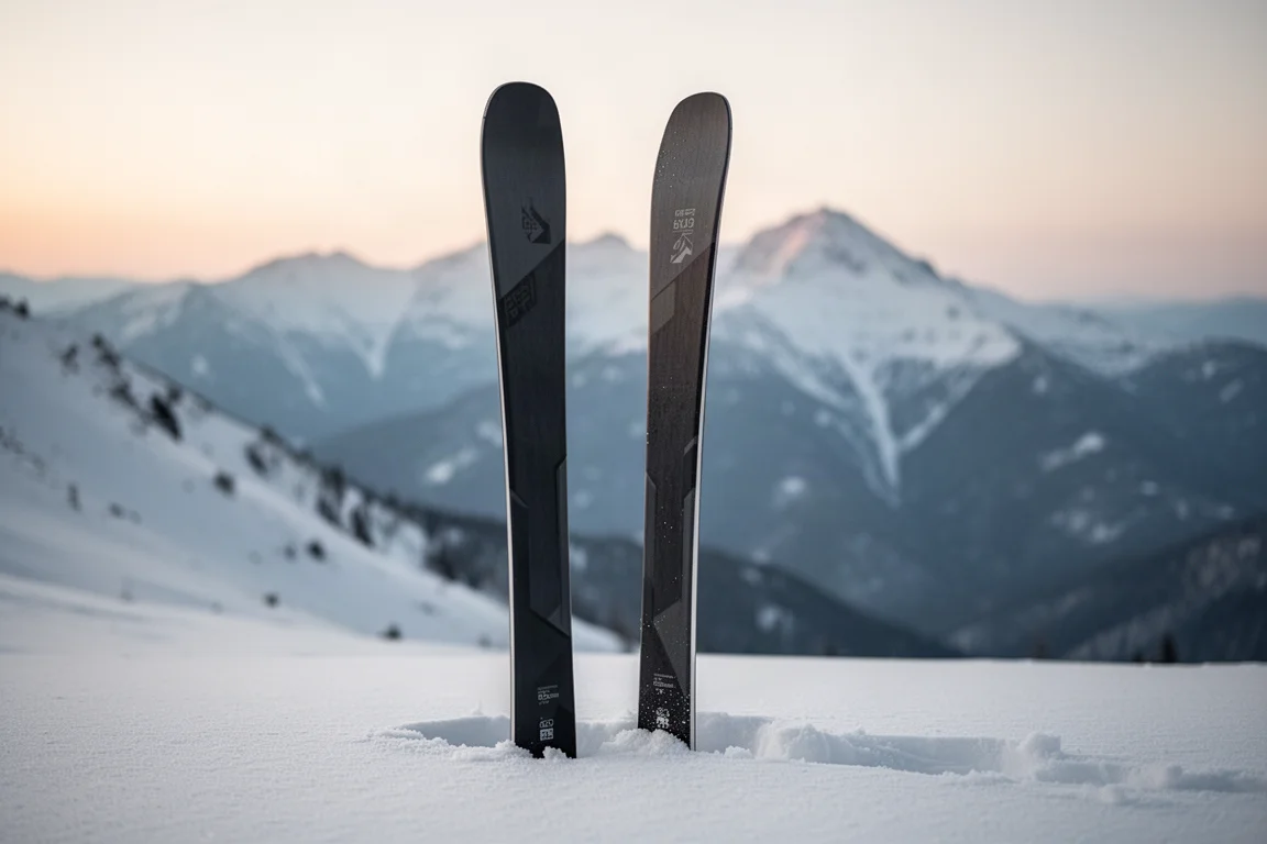 Lightweight touring skis standing upright in fresh snow with a mountain ridgeline behind