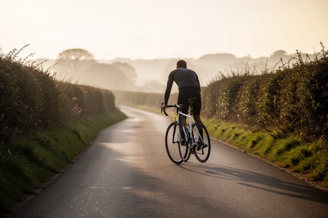 Wielrenner op een racefiets op een rustige landweg in warm avondlicht