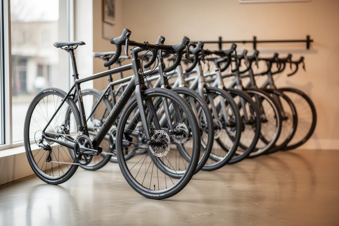 Racefiets leunend tegen een fietswerkplaats bij zonsopgang met gereedschap zichtbaar binnen