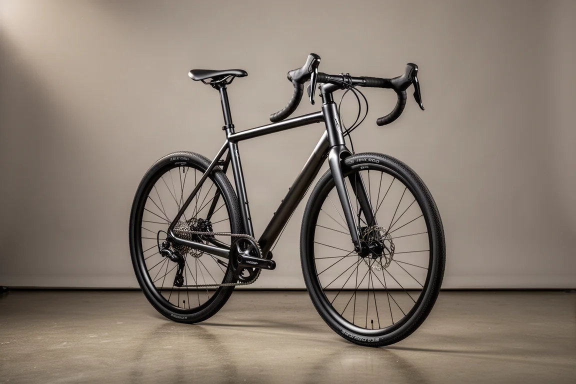 Matte charcoal alloy road bike with drop bars and rim brakes on a pale grey backdrop
