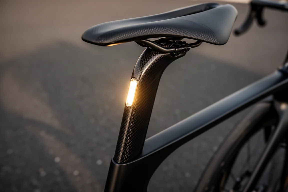 Nahaufnahme einer aerodynamischen Sattelstütze mit kleinem integriertem Rücklicht, das leuchtet
