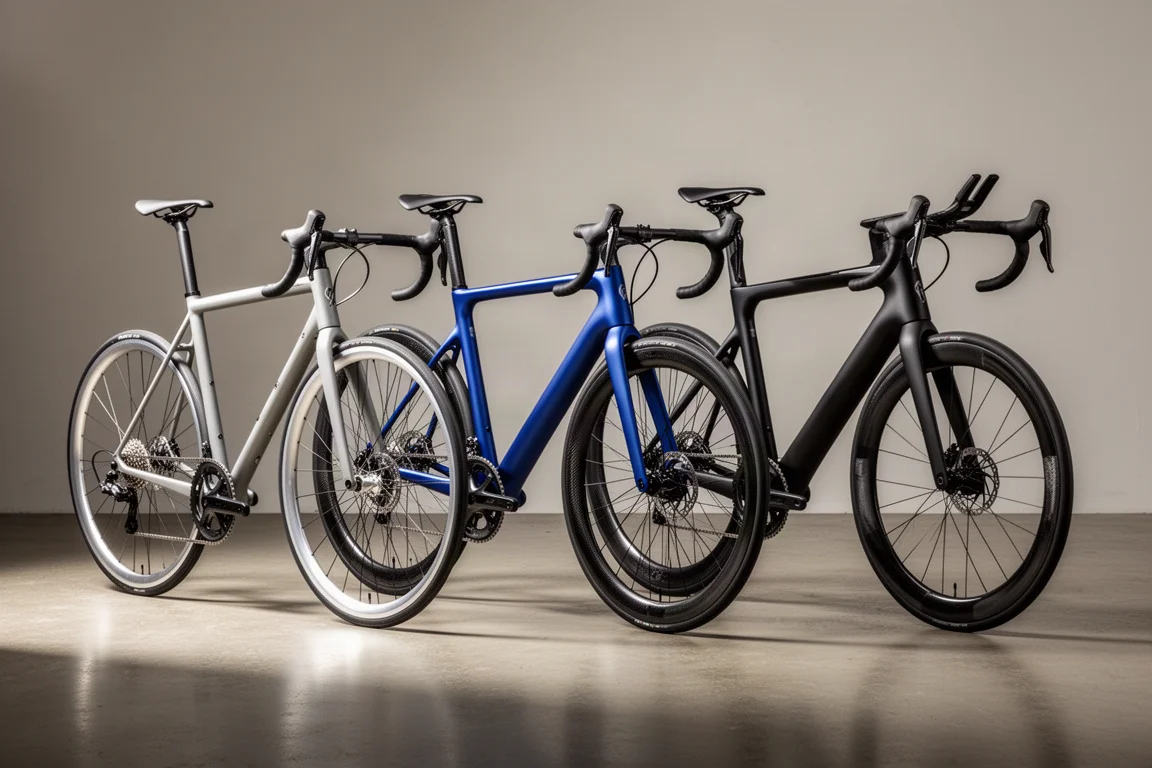グレー、ブルー、ブラックの3台のロードバイクがスタジオに並んでいる