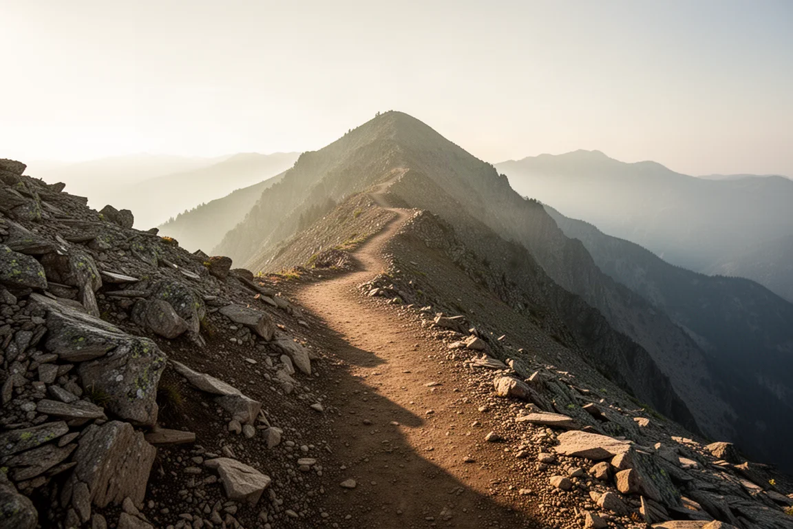 Rocky mountain trail climbing toward a summit in morning light