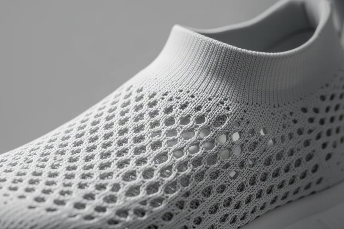 Close-up of a light breathable mesh shoe upper showing its woven texture