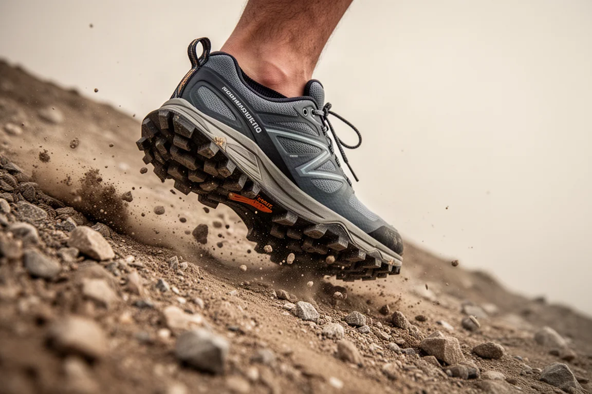 Trail runner's foot planted on a steep switchback with loose gravel
