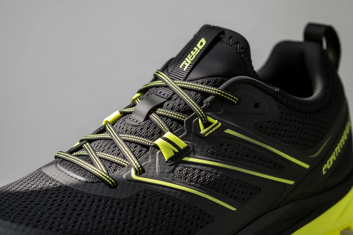 Primer plano del empeine de una zapatilla de trail mostrando los cordones y el cuello acolchado