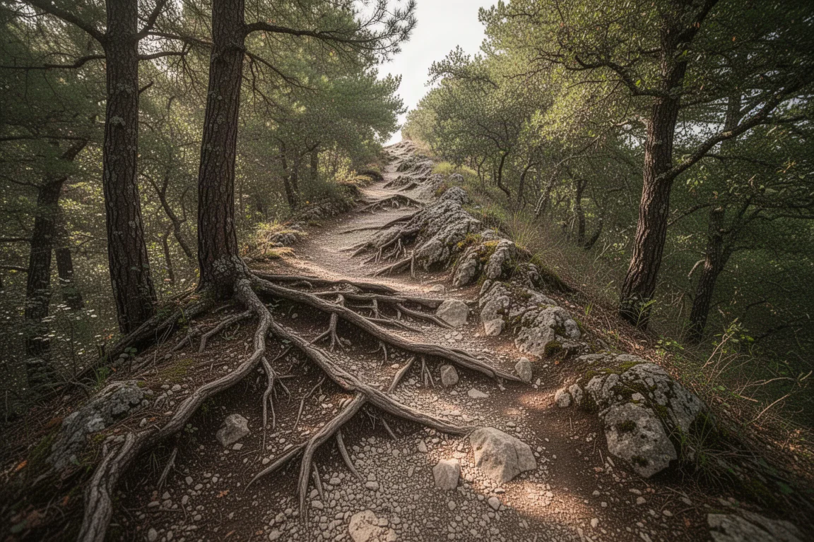 SendERo de cresta técnico con raíces y rocas que serpentea por un bosque