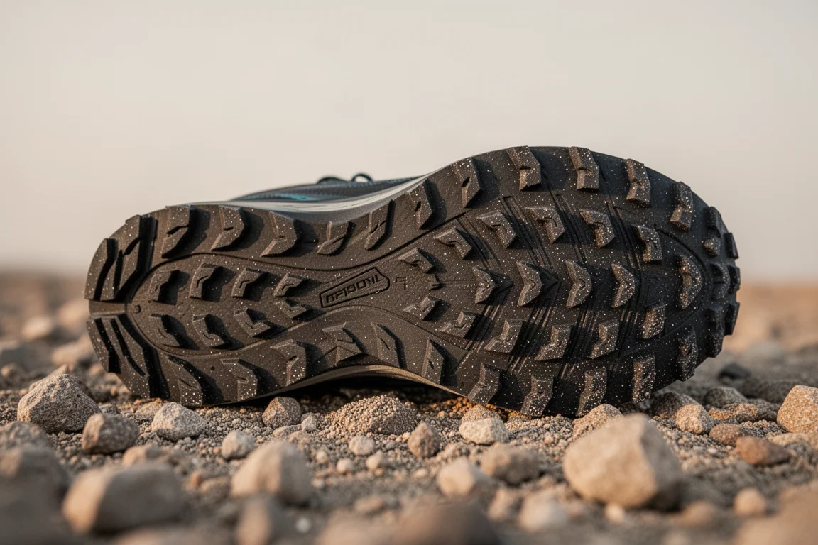 Suela de una zapatilla de trail con taqueados profundos multidireccionales sobre grava