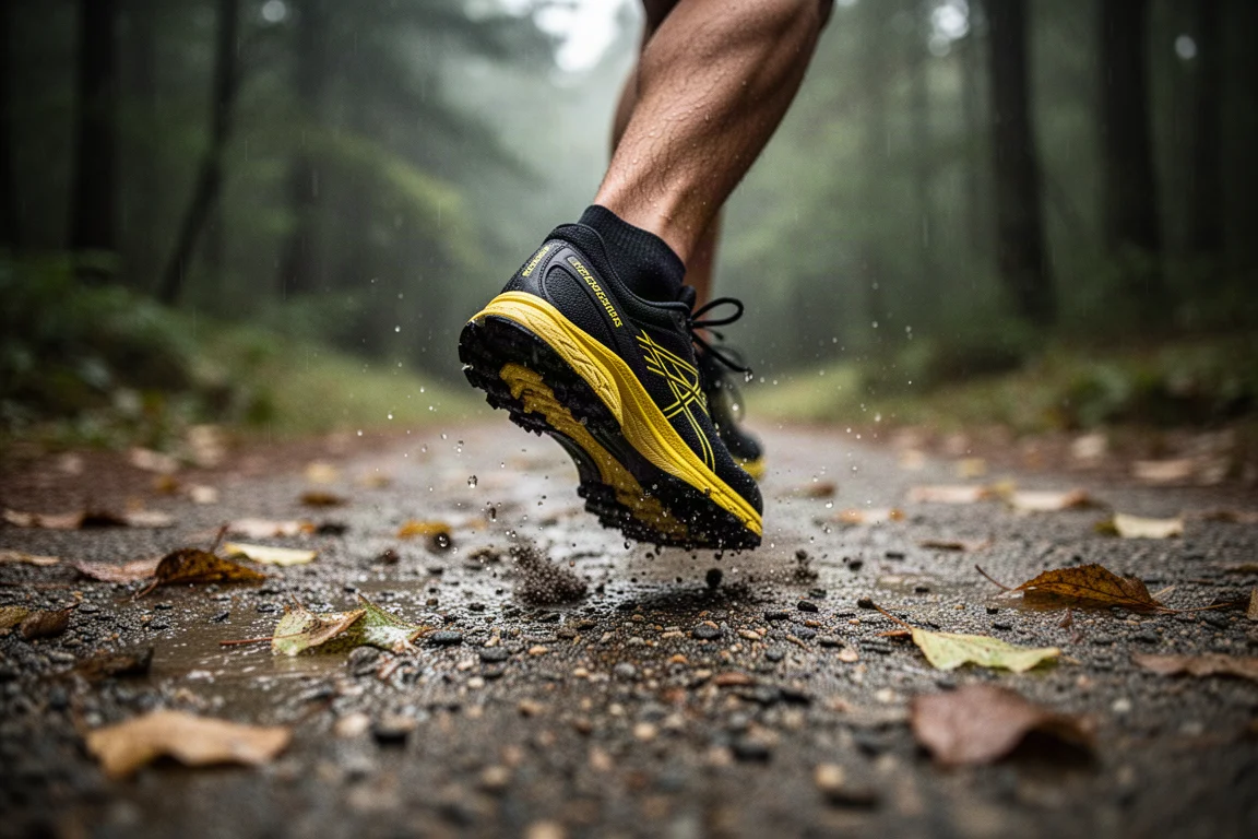 Buty biegacza na mokrej szutrowej ścieżce w lesie