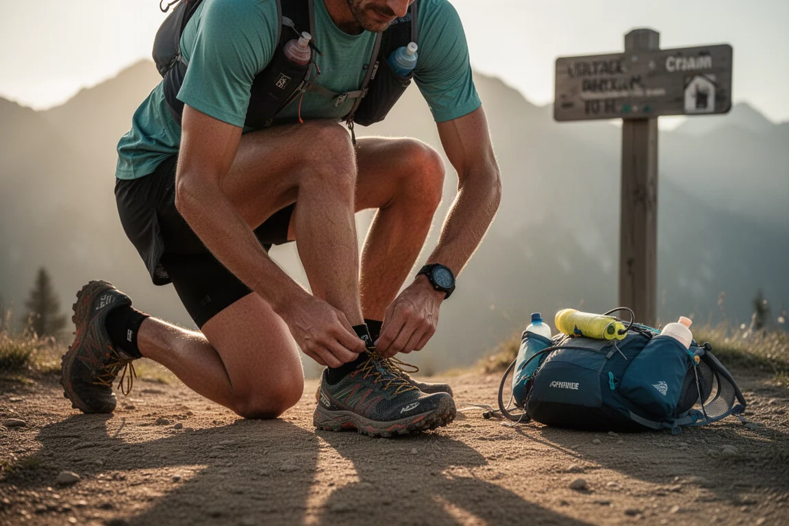 Biegacz trailowy wiążący but na starcie szlaku podczas długiego dnia ultramaratonu
