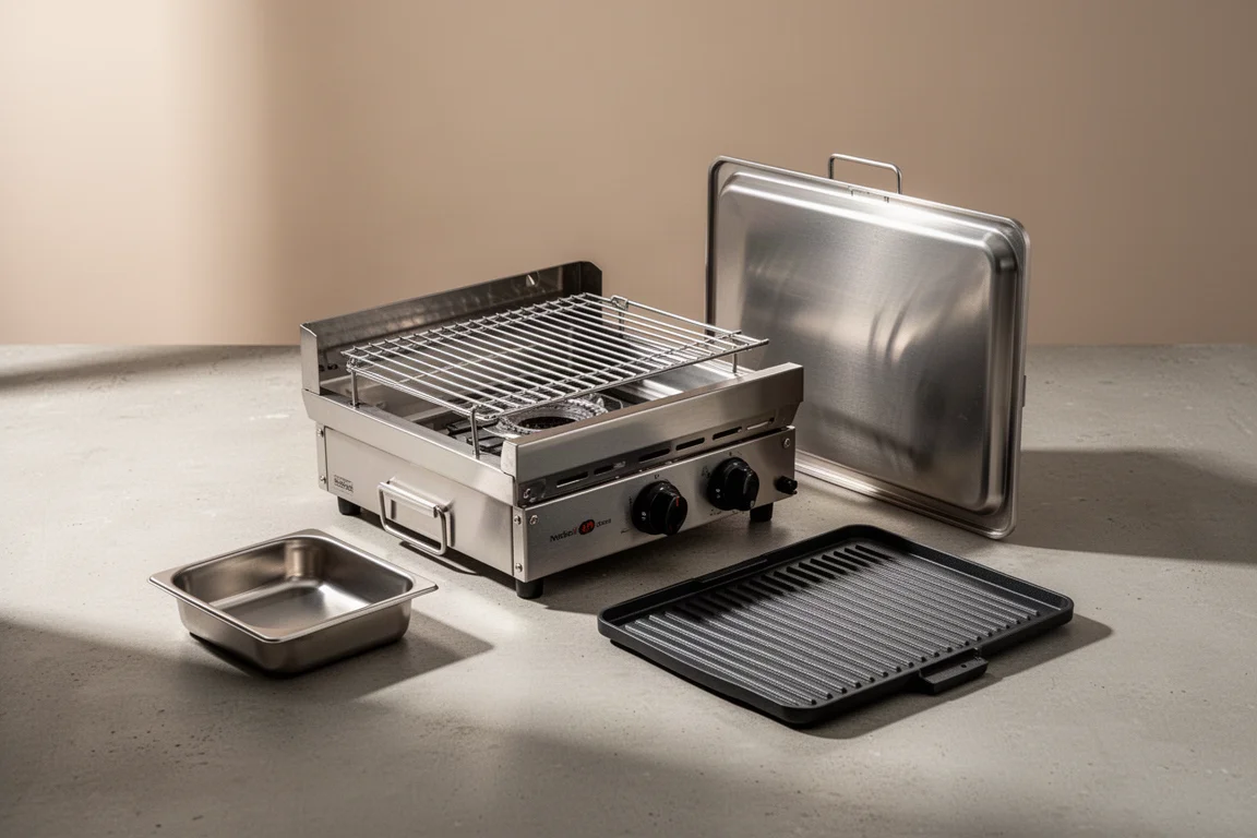 Compact stainless steel portable gas grill with folded lid on a matte concrete surface