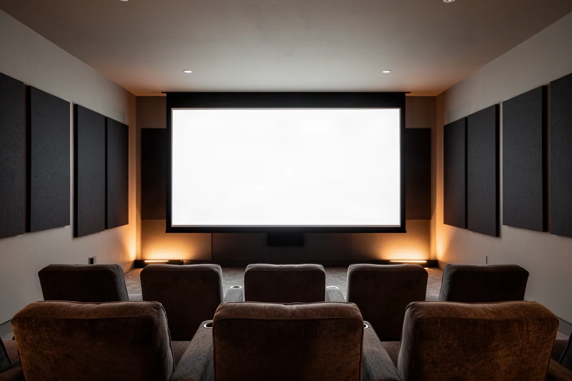 Butacas de cine en casa frente a una pantalla de proyección que brilla suavemente en una sala oscura