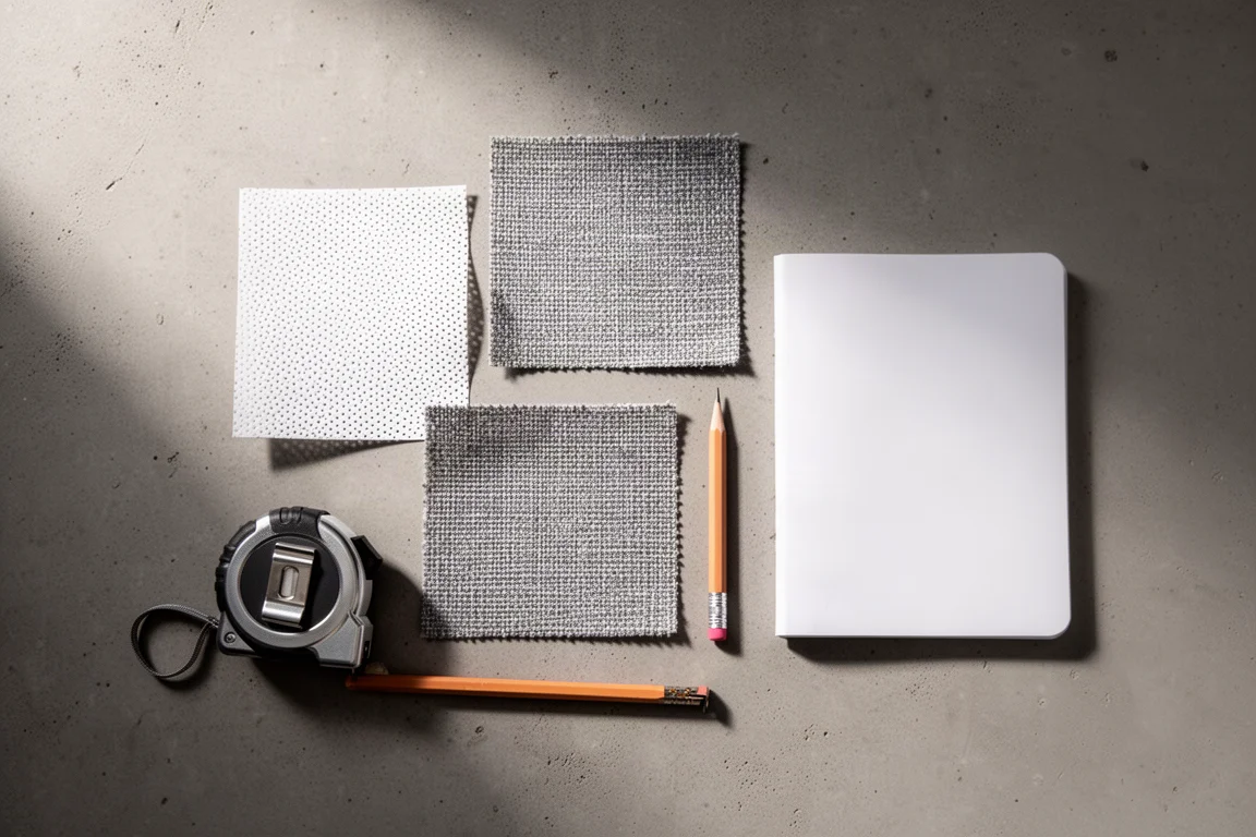 Muestras de material de pantalla, cinta métrica, lápiz y cuaderno en blanco dispuestos sobre una superficie plana