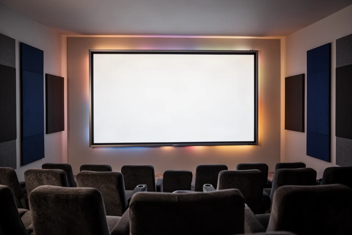 Home theater room with a large fixed frame projection screen and colored bias lighting