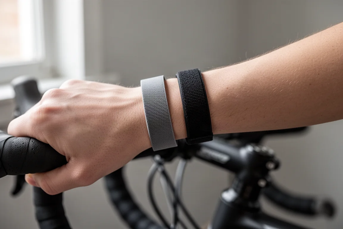 Flera lätta tygband för fitness som bärs på båda handlederna under ett träningspass inomhus