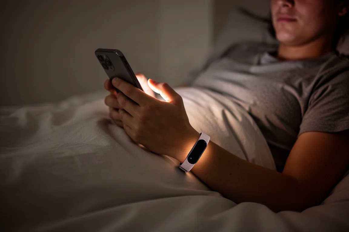 Person i säng på kvällen som kollar en smartphone innan sömn med ett tygband på handleden