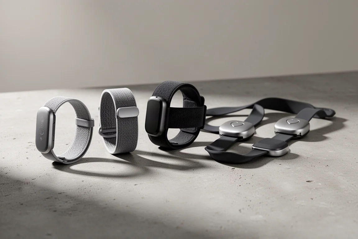 Line-up of fitness bands, bicep straps and chest straps on a concrete surface