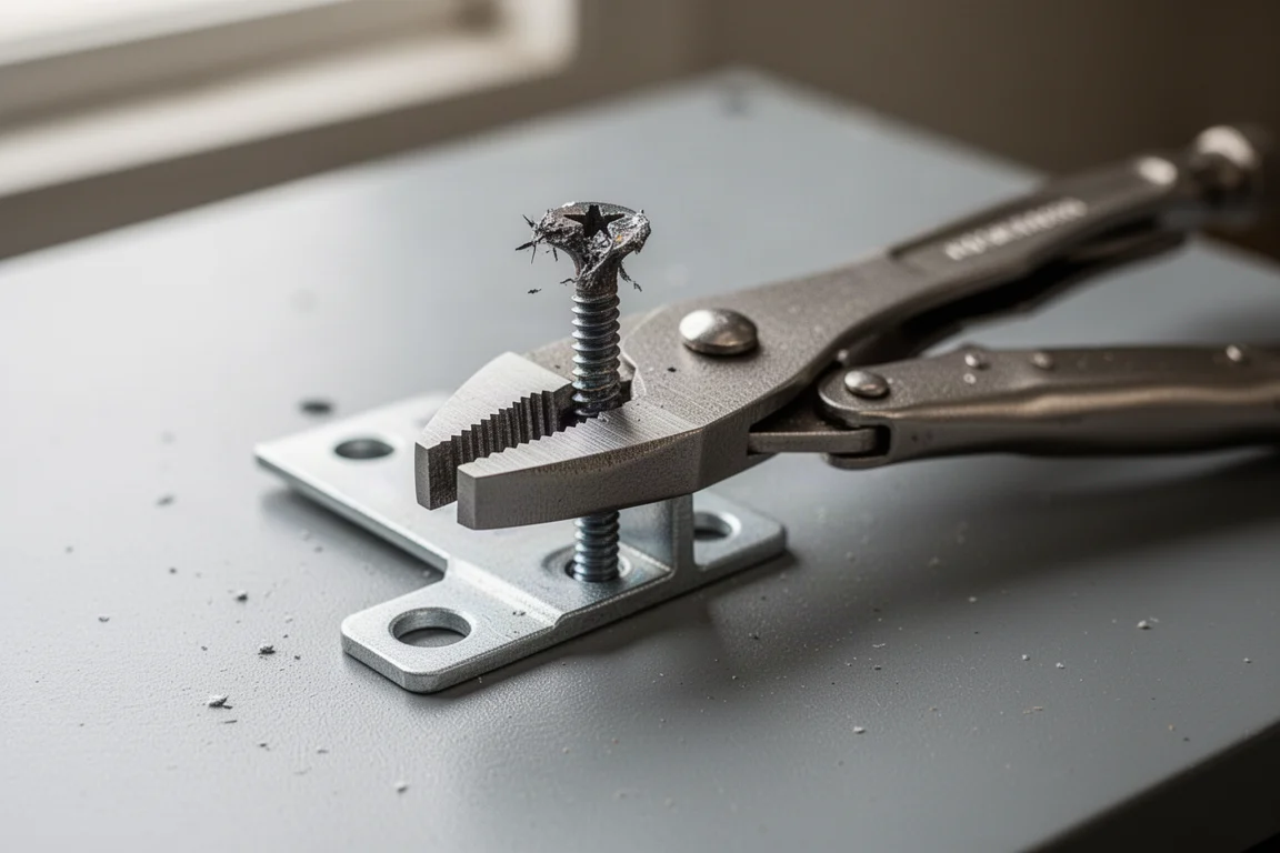 Locking pliers clamped onto a damaged screw head on a workbench