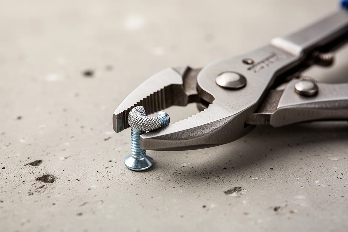 Close-up of curved precision jaws gripping a small screw