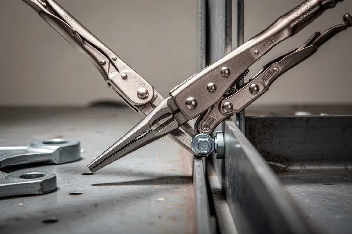 Long-nosed locking pliers reaching into a tight clearance gap