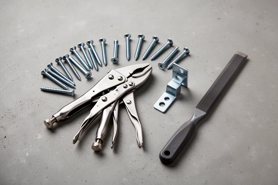 Workbench flat lay of locking pliers, screws, and repair tools