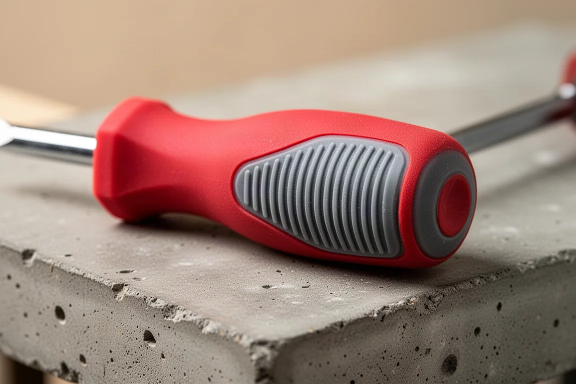 Close-up of a red screwdriver handle with ribbed texture on a workbench
