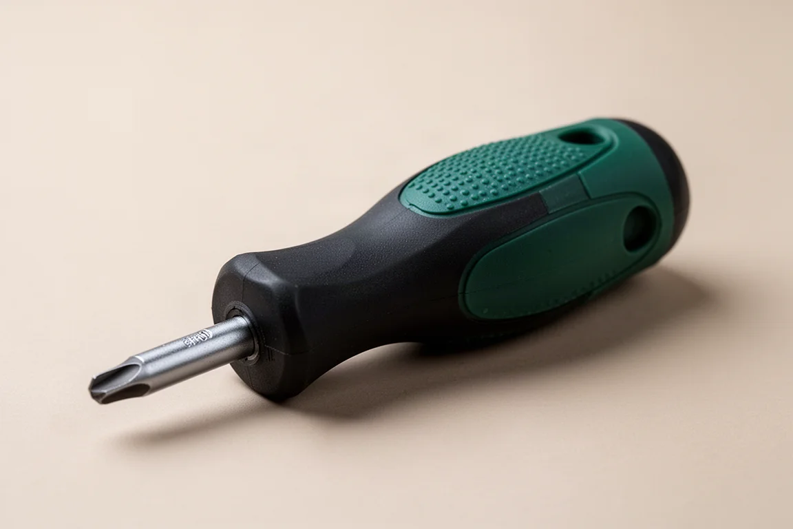 Dark green and black screwdriver handle gripped in soft studio light