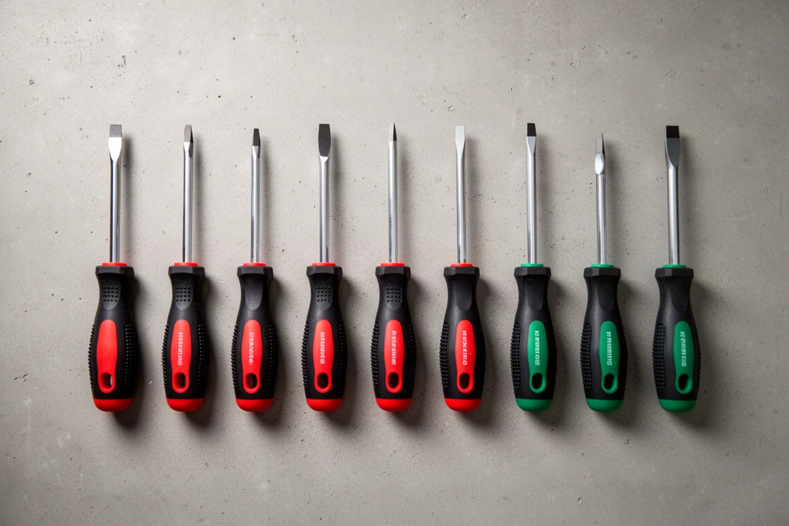 Assorted professional screwdriver sets arranged on a workshop surface