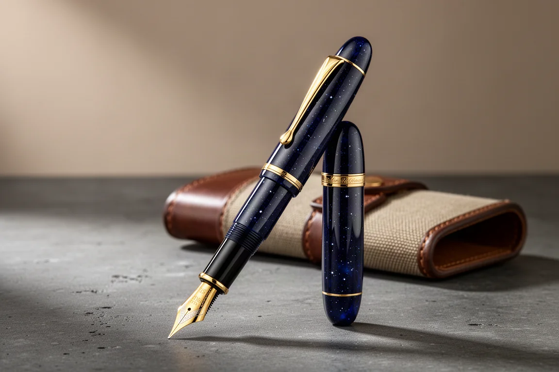 Scribo Feel fountain pen with starry blue finish and gold nib on dark surface