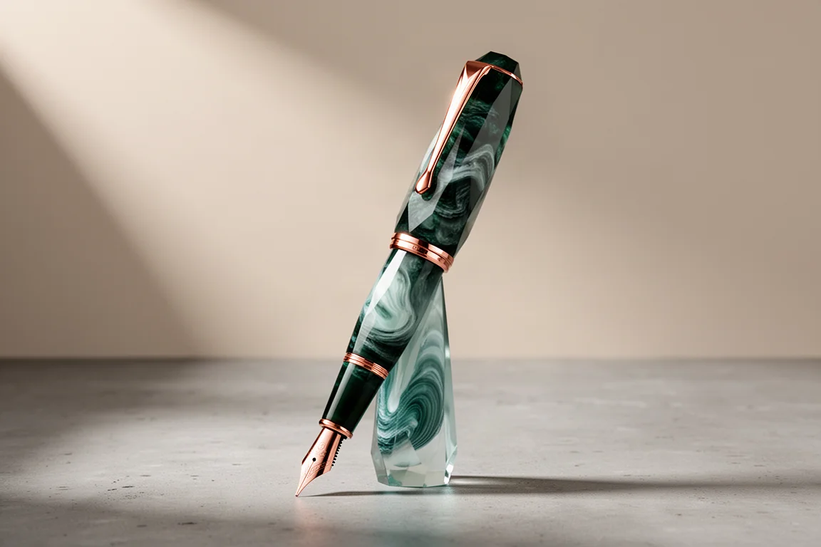 Scribo Feel fountain pen with swirled green resin and rose gold trim on concrete