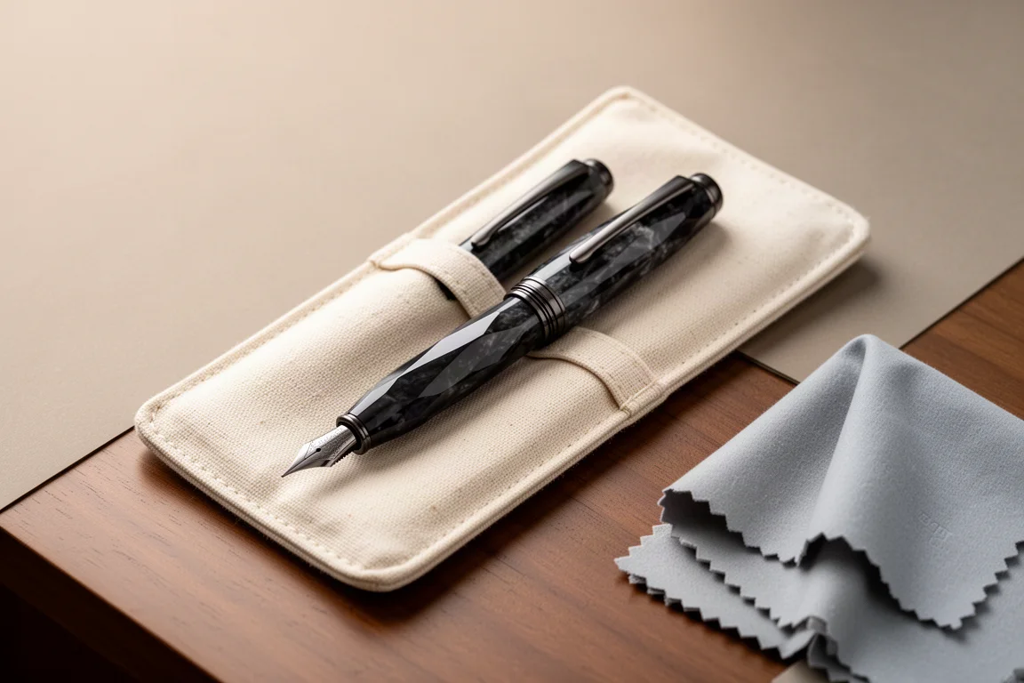 Fountain pen with dark faceted resin body resting on a leather two-pen sleeve