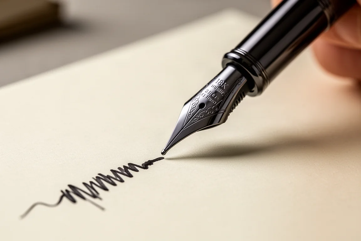 Close-up of an 18K stub nib touching paper with a wet expressive ink line