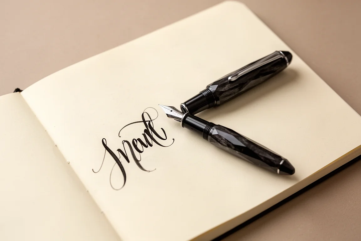Fountain pen writing a flowing calligraphic line on cream notebook paper
