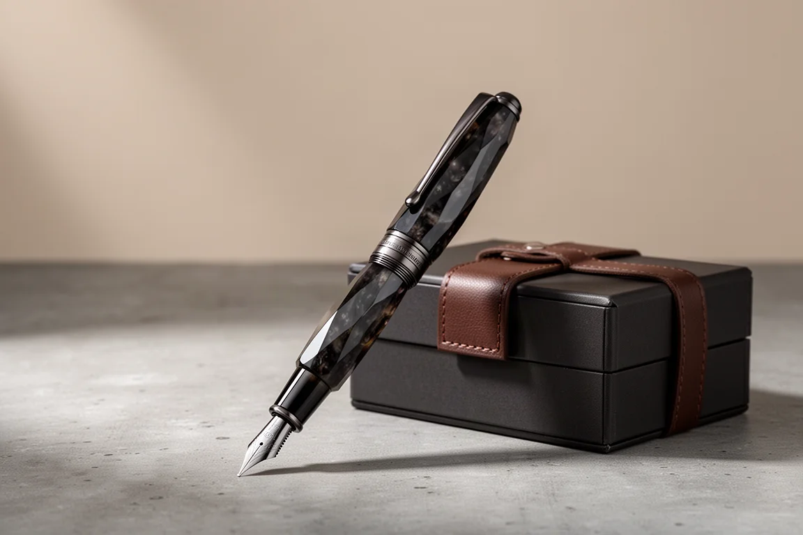 Dark faceted resin fountain pen with ruthenium trim beside its presentation box