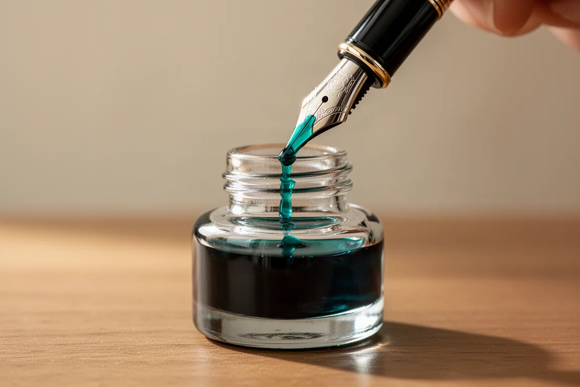 Füllfederhalter mit Kolbenmechanismus zieht türkise Tinte aus einem Glas-Tintenfläschchen
