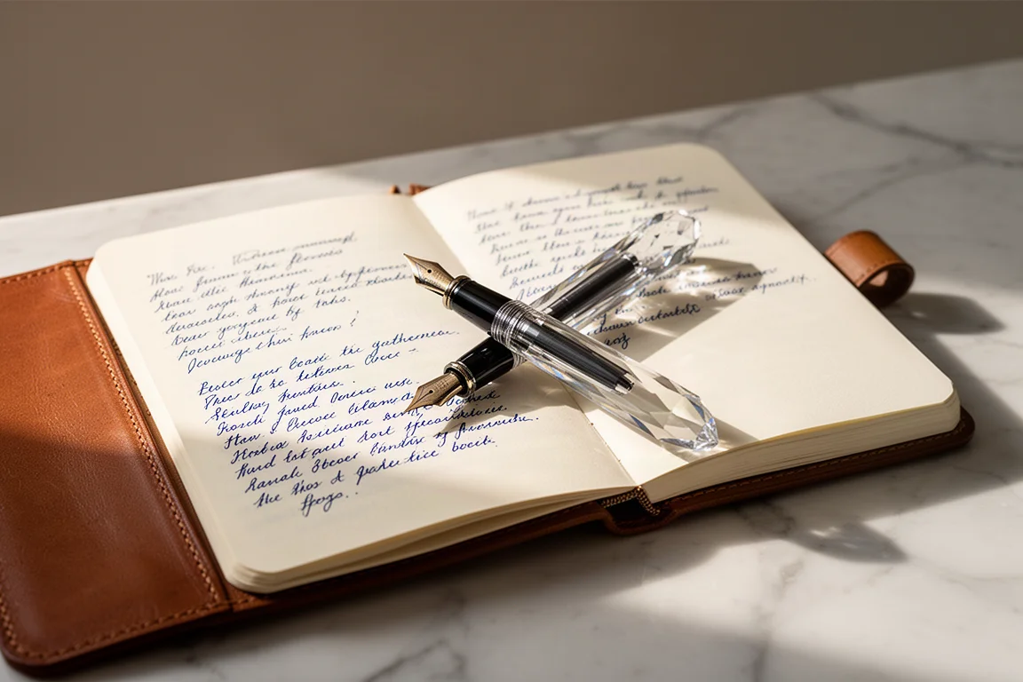 Handschriftliche Journalseite mit daneben liegendem Füllfederhalter