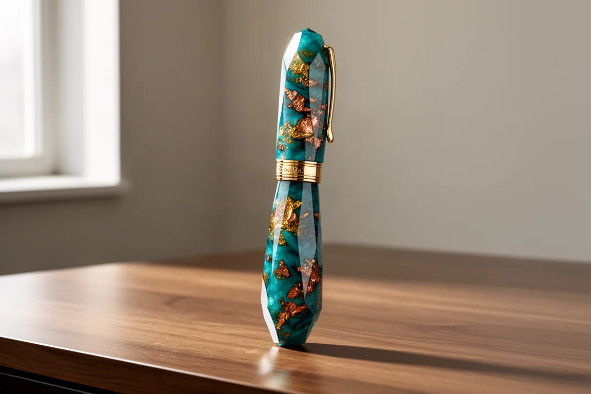 Turquoise and gold faceted Scribo Feel fountain pen on a wooden desk