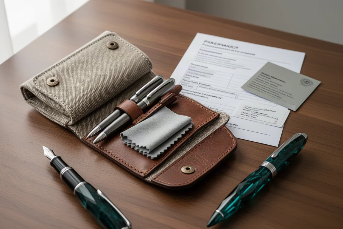 Teal faceted fountain pen beside a canvas pen case and polishing cloth