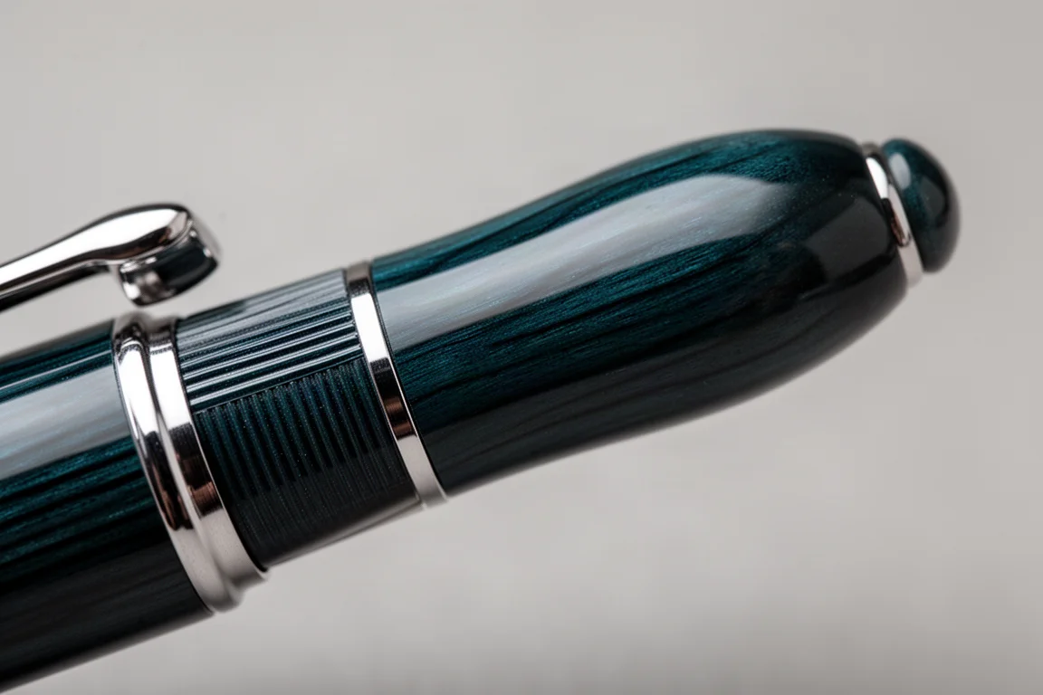 Close-up of a faceted teal pen barrel showing vertical ribs and center band