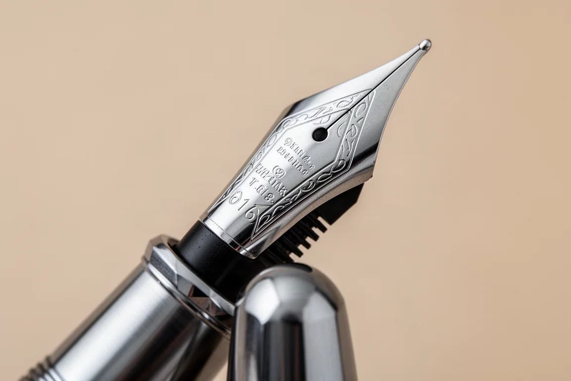 Fountain pen nib and ebonite feed shown in macro detail