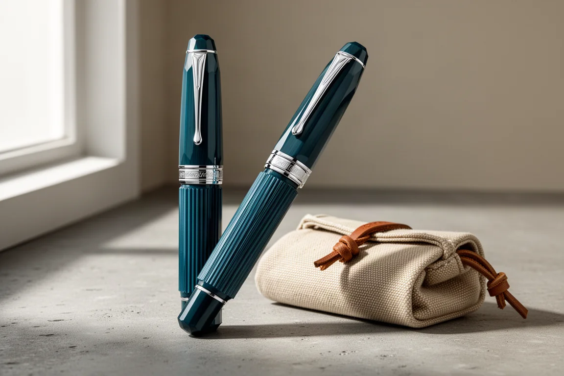 Teal faceted fountain pen with canvas pen case on concrete surface