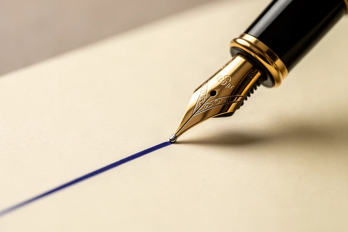Vulpenpenschrijf dunne lijnen op crèmekleurig papier