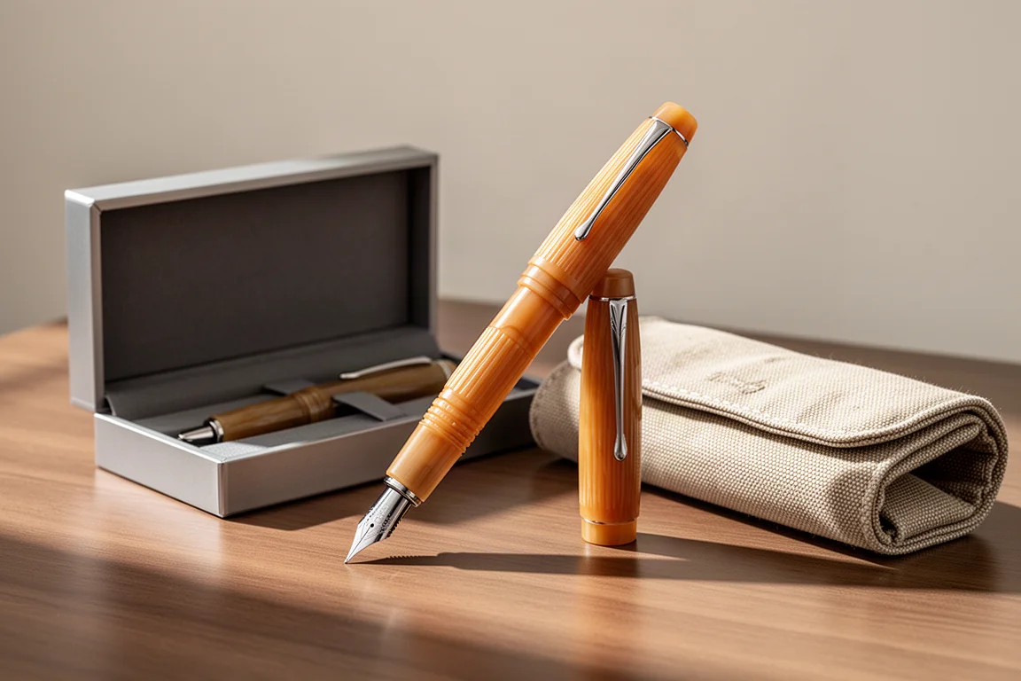 Scribo La Dotta Domus fountain pen with grooved texture beside its presentation box