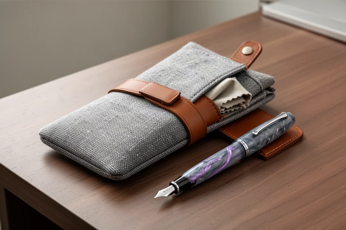 Stylo-plume reposant dans une pochette en tissu sur un bureau en bois