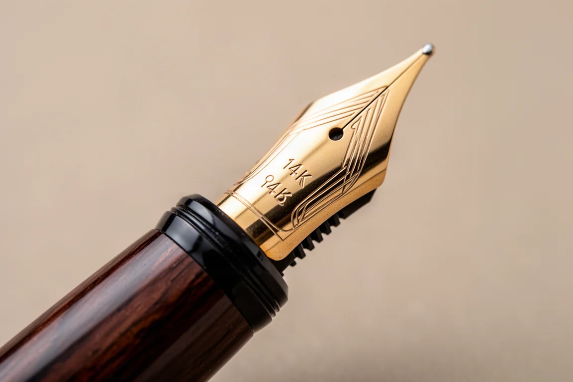 Gros plan sur une plume de stylo-plume en or 14k avec alimentaire en ébonite