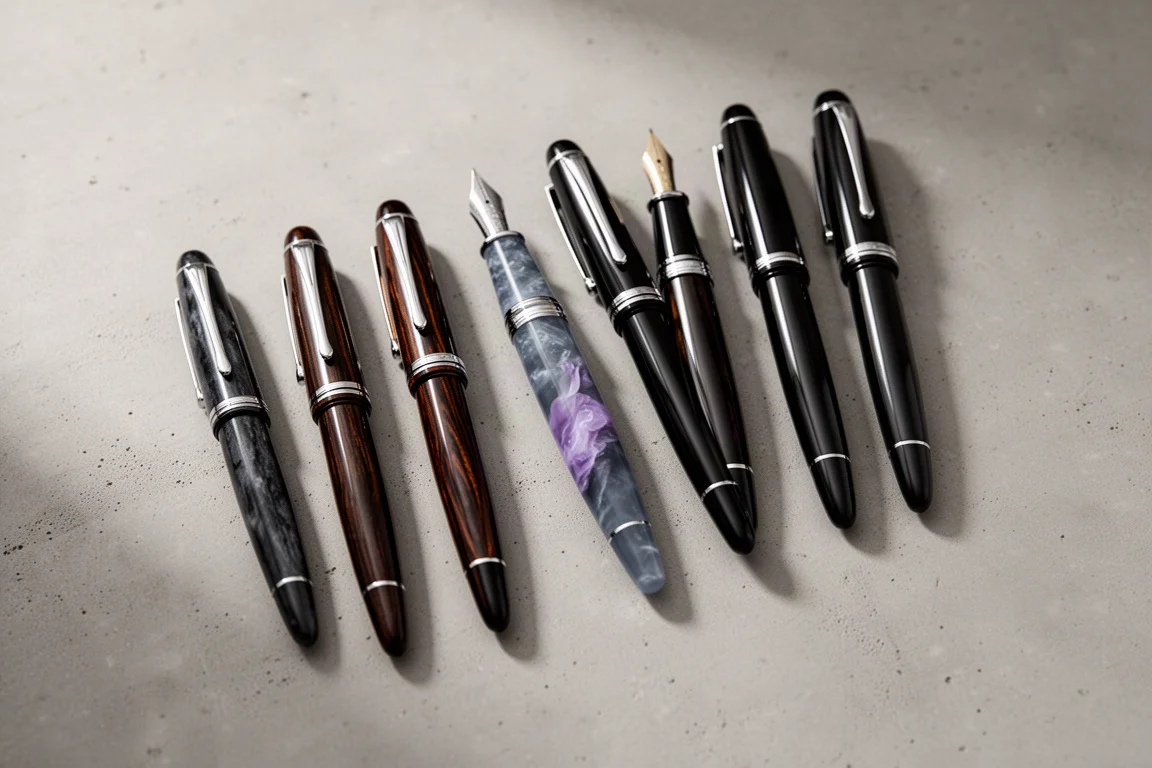 Stylos-plumes alignés côte à côte sur un bureau pour comparer les tailles
