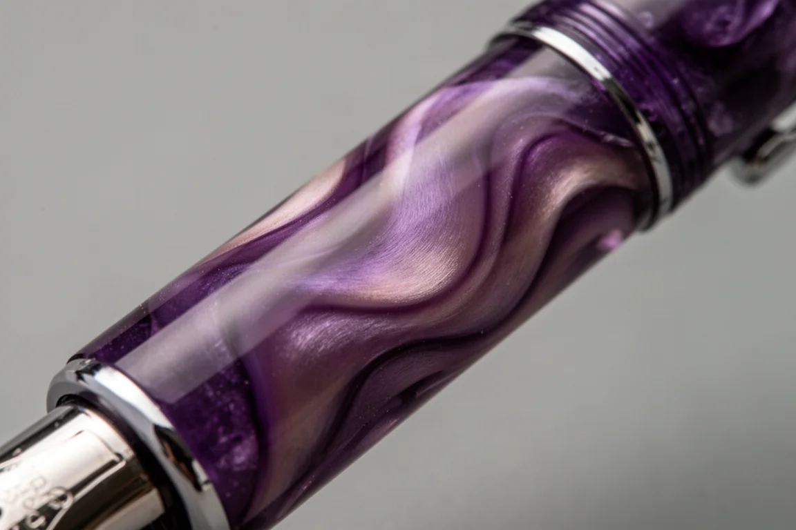 Deep amethyst purple fountain pen resin showing pearlescent color waves