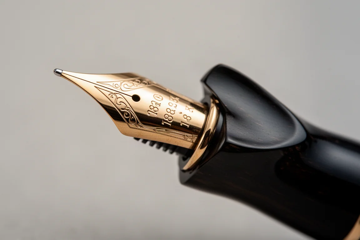 Gold fountain pen nib and ebonite feed close-up